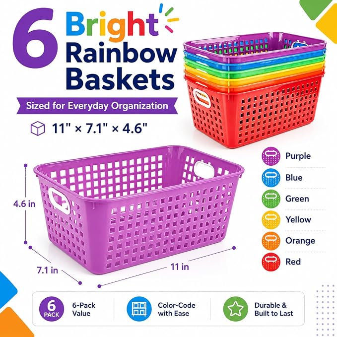 6 Pack Plastic Classroom Storage Baskets, Organizer Bins with Handle | Rainbow Color 11" × 7.1" × 4.6" Medium Papers Book Storage Organizer for School Classroom Library Office Home Desktop Closets