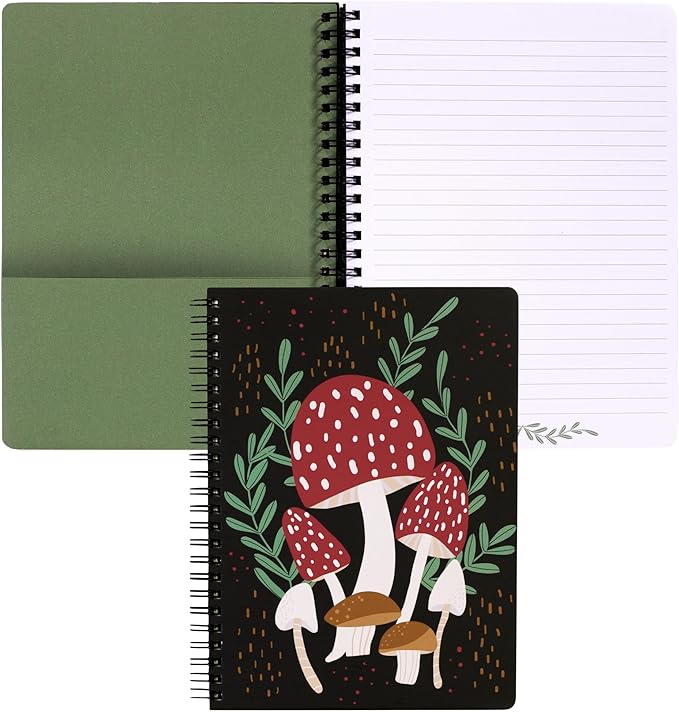 Steel Mill & Co Cute Mini Spiral Notebook, 8.25" x 6.25" Journal with Durable Hardcover and 160 Lined Pages, Mushroom