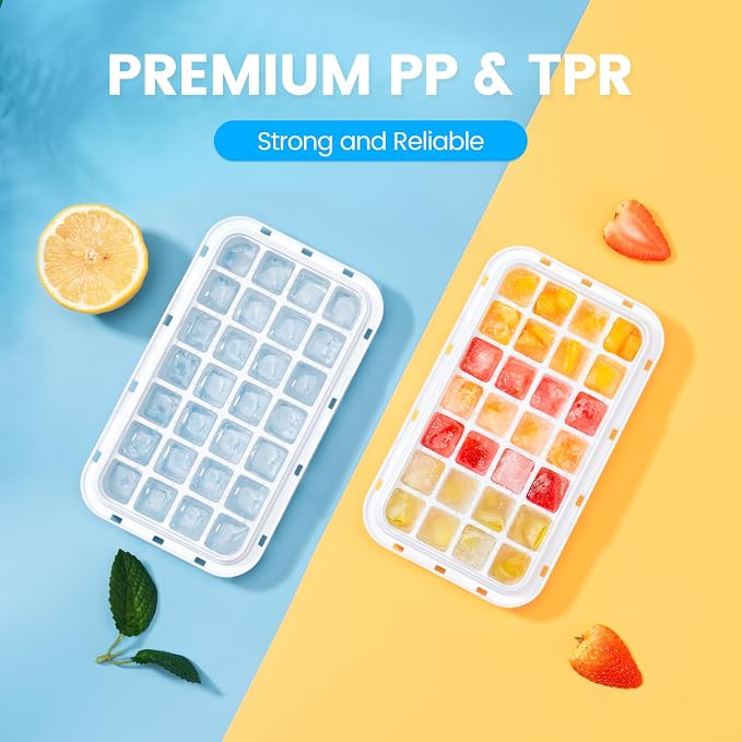 0.8“ Ice Cube Tray with Lid and Bin, PHINOX 56 Cubes Ice Trays for Freezer, Ice Cube Trays for Freezer with 2 trays, Container, Lid & Ice Scoop, BPA Free, Blue(28Cubes/Tier)