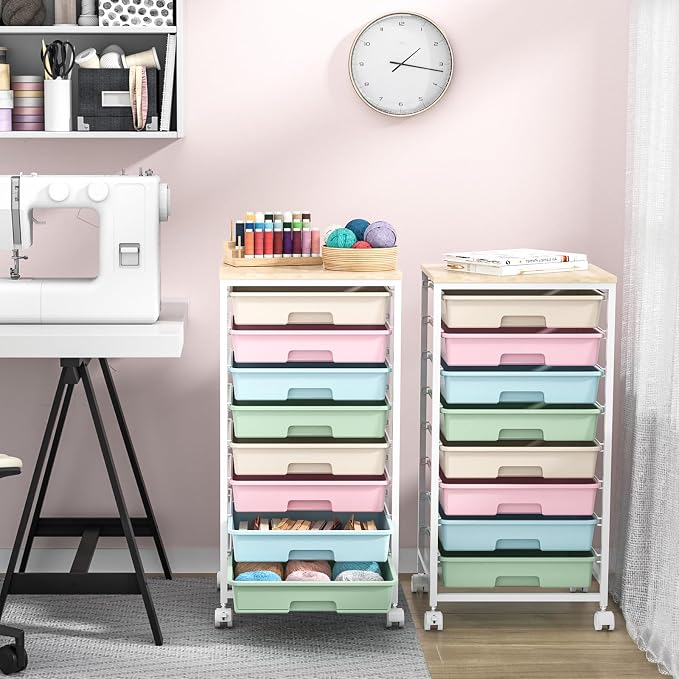 SYKIARIOL Rolling Storage Cart with Drawers,Utility Cart With 8 Drawers and Wooden Tabletop,Rolling Drawer Cart,Storage Drawer Cart for Living Room,Classroom,Bedroom,Bathroom,Dorm,Office,Rainbow