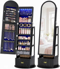 Vlsrka Arched LED Mirror Jewelry Cabinet with Full Length Mirror, Black | Lockable Jewelry Armoire Cabinet, 360° Swivel Jewelry Organizer with Drawer Storage, Foldable Makeup Shelf, 2 Rear Hooks