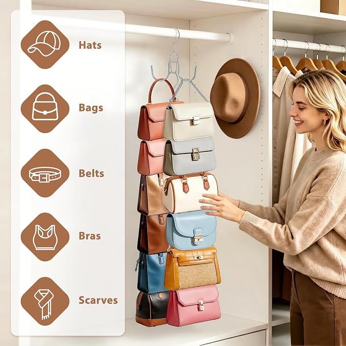 6 Pcs Heavy Duty Purse Organizer for Closet, Stackable Purse Hangers Closet Space Saving with 12 Hanging Metal Purses Hooks Rotatable Handbag Organizer Storage Bag Holder for Backpack Tote Bag