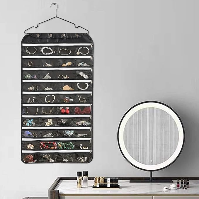 BB Brotrade Hanging Jewelry Organizer with Oxford Double Side 80 Zippered Storage Pocket (black)