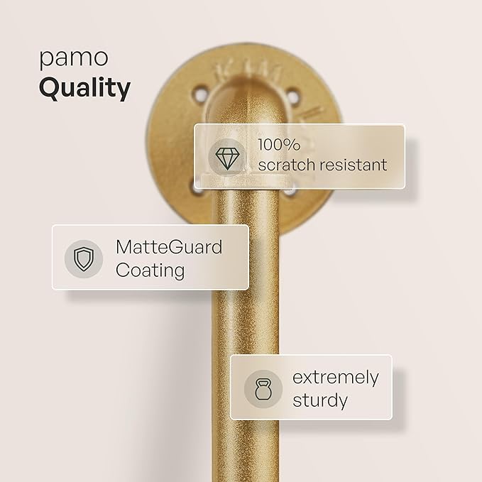 pamo Industrial Clothing Rack Wall Mounted Gold – 41" W × 87" H, 441 lbs | Heavy Duty Pipe Closet System in Gold Powder Coated Steel, Scratch-Resistant, Double Rod, Easy Assembly