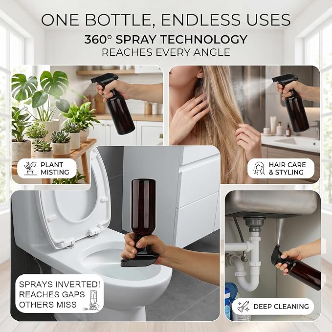 12oz Glass Spray Bottles 2 Pack, 360° Any-Angle Spraying | Refillable Leak-proof Bottles with Adjustable Nozzle; Ideal for Cleaning, Essential Oils, Plants & Hair Care