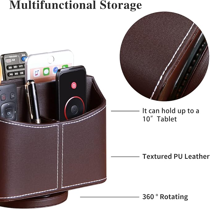 YAPISHI Leather Remote Control Holder, 360 Degree Spinning Desk TV Remote Caddy/Box, Coffee Table Organizer for Controller, Media, Calculator, Mobile Phone and Pencil Storage