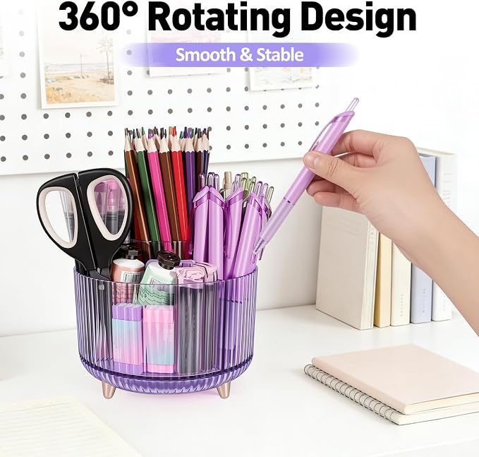 360 Rotating Pen Pencil Holder for Desk, Pen Organizer with 5 Slots, Makeup Brush Holder, Desk Organizer and Accessories, Cute Pencil Cup Caddy for Office School Home Decor Art Supply (Purple)
