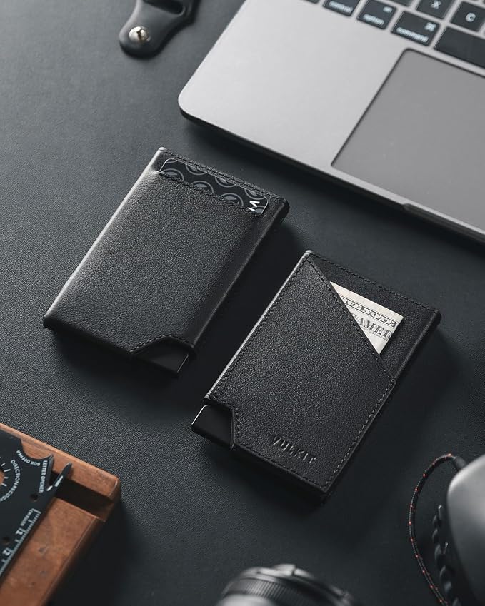 VULKIT Pop up Card Wallet Top-Grain Genuine Leather RFID Blocking Slim Aluminum Metal Bank Card Holder Case with Business Money Pocket for Credit Cards Notes and Coins Black