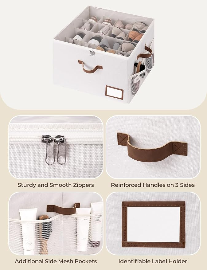 StorageWorks Shoe Storage Organizer for Closet, Up to 16 Pairs, Beige | Fixed Compartments, Clear Lid & Label Window, Side Mesh Pocket for Accessories, Soft Handles, Fits Flats, Sandals & Low-Tops