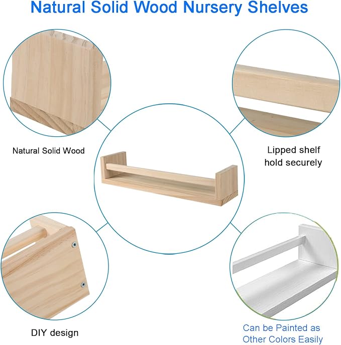 JORIKCHUO Nursery Book Shelves, Set of 2 Wood Floating Book Shelves for Kids Room, Kitchen Spice Rack, or Rustic Wall Mounted Shelves for Farmhouse Bathroom Décor (Natural Wood)