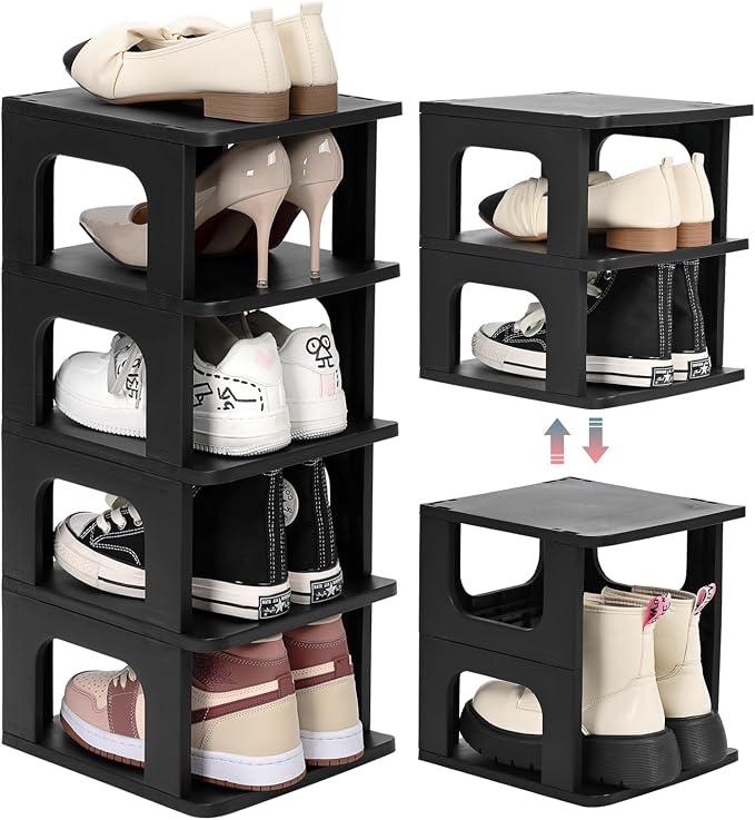TRZZ 5-Tier Small Shoe Rack, Vertical Narrow Stackable Organizer with Removable Partition, Efficient Shoe Storage for Closet, Entryway, and Small Spaces (Black) | Removable Partition, Vertical Efficient Shoe Storage, for Closet, Entryway, Small Spaces