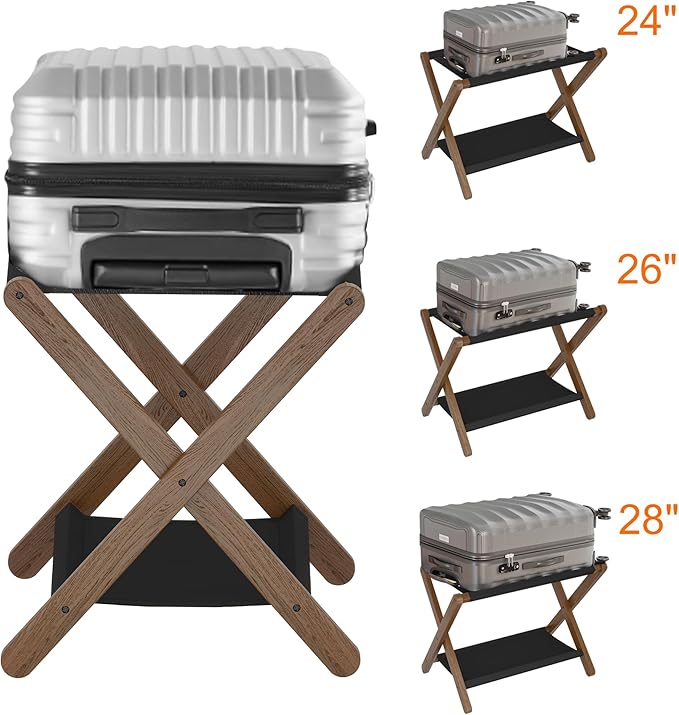 Heybly Luggage Rack, Pack of 2, Folding Suitcase Stand with Storage Shelf, Heavy-Duty Luggage Holder for Guest Room Bedroom Hotel, Holds up to 165 lb, Walnut, HLR010WB2
