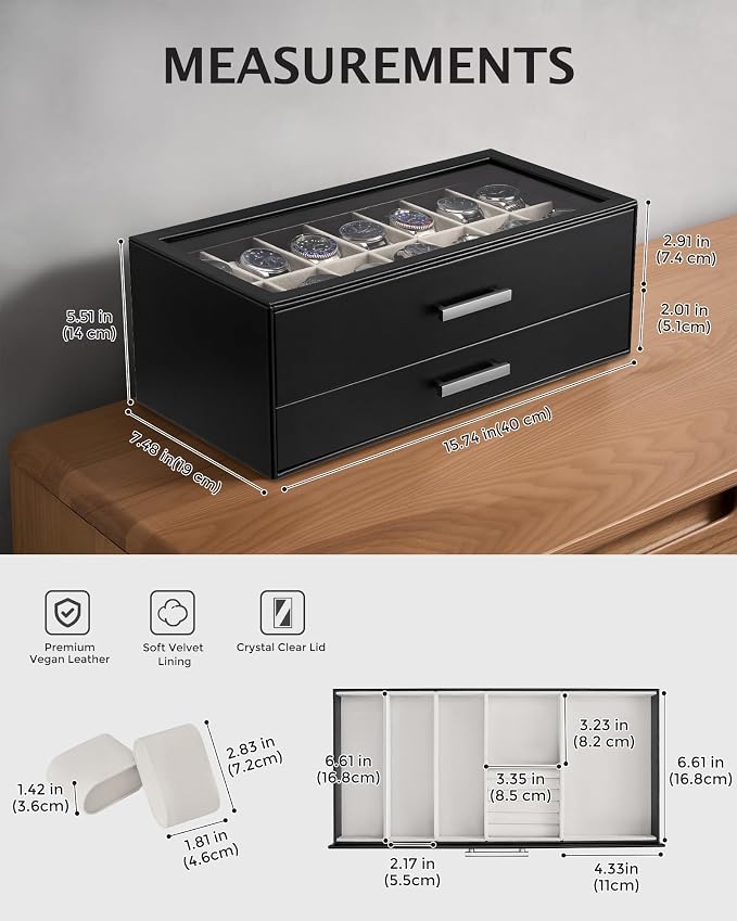 ProCase 14-Slot Watch Case for Men, 2-Tier Pull-Out Drawers Box -Black | Fathers Day Gift for Dad Men with Display Clear Top Lid, Jewelry Sunglasses Storage Organizer, Anniversary Birthday Gifts