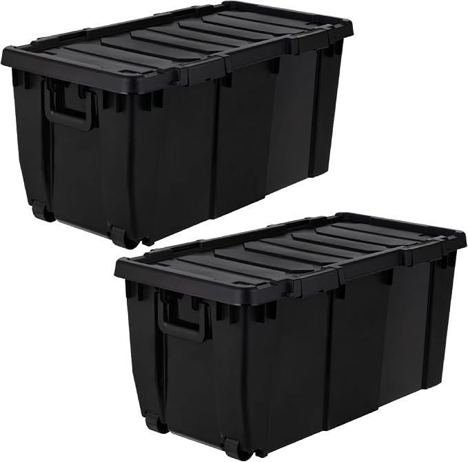 IRIS USA 32 Gallon Rolling Storage Bin with Lid, Heavy Duty, 2 Pack | Built-in wheels and lockable latches make transporting tools, camping gear, truck equipment, and garage storage effortless.