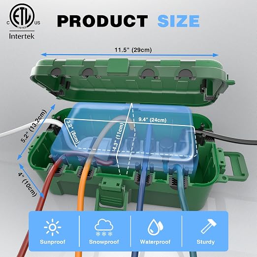 Flemoon [2 Pack] Medium Outdoor Electrical Box Waterproof, Outdoor Plug | Electrical Box (11.5x5.2x4 inch) w/6 Cable Entry Ports, Extension Cord Cover for Power Strip, Timer, Holiday Light, Green