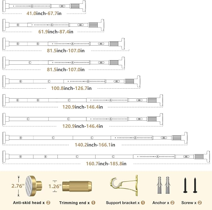 Gold Tension Curtain Rod 41-185In(4-15Ft), Extra Long Outdoor Curtain Rod No Drilling for Window or Patio, Heavy Duty Shower Rod for Bathroom,Rod Diameter 1.26In-One-bond stretching