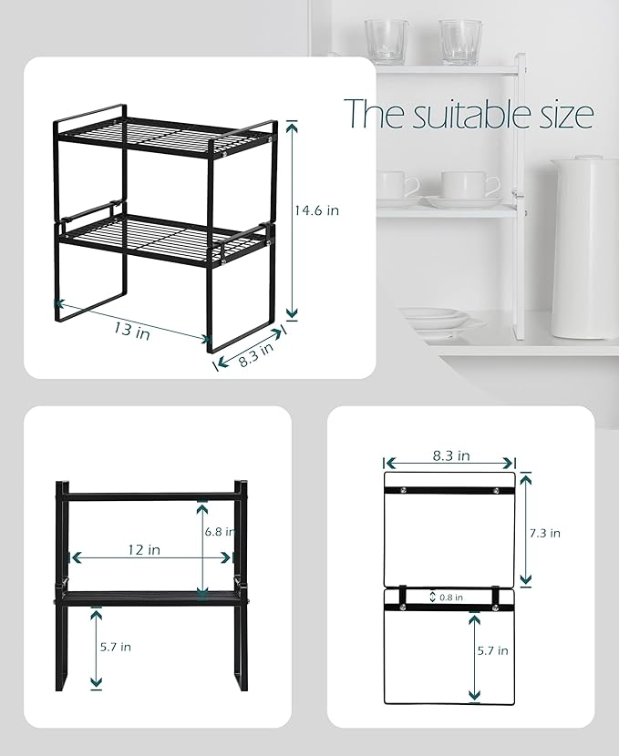 Shantton 2 Pack Kitchen Cabinet Shelf Counter Organizer Rack Pantry Storage Bathroom Bedroom Office Table Desk Space Saving Steel Frame Stackable Rust Resistant Non Slip Black