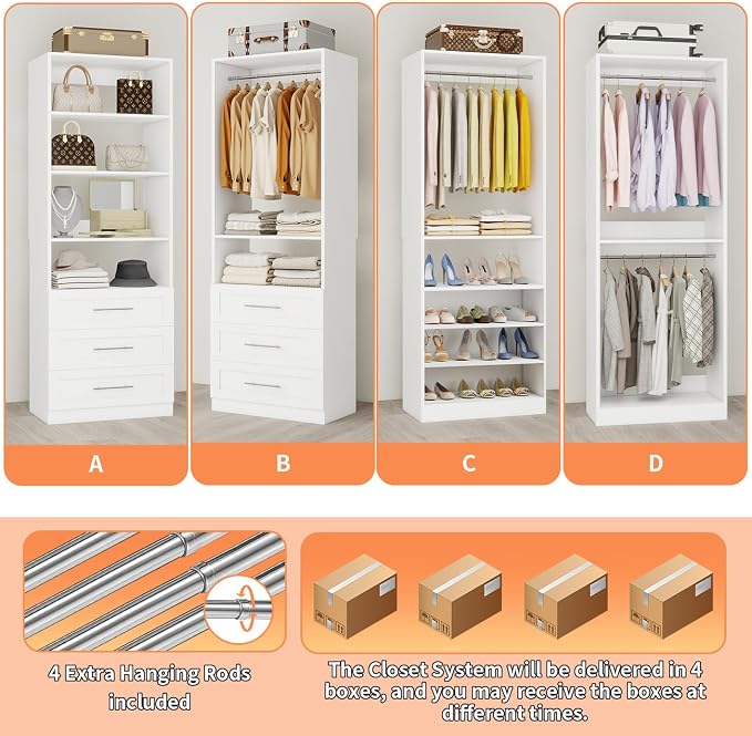 Closet System with 4 Sets, 8–21 FT Closet System with 6 Drawers, 9 Shelves & 8 Hanging Rods, Heavy Duty Closet Organizer System for Walk in Closets, Modular Custom Wood Closet Kit, White