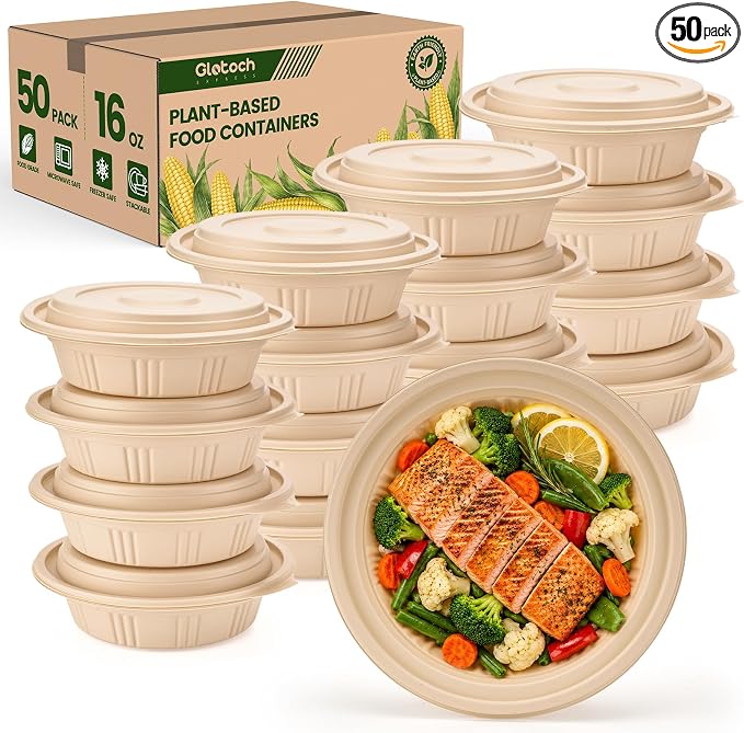 100 Piece (50 Pack) Meal Prep Bowl Containers with Lids, Cornstarch Round Food Containers for Lunch Salad Deli Soup, BPA Free Plant-based Take Out Containers Microwave & Freezer Safe, 16 oz