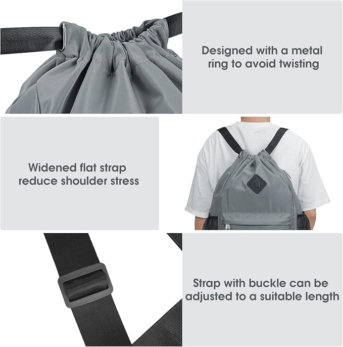 WANDF Drawstring Backpack with Shoe Compartment, Sports Gym Bag | Multi-Pocket Storage, Water-Resistant Fabric, Cinch String Bag