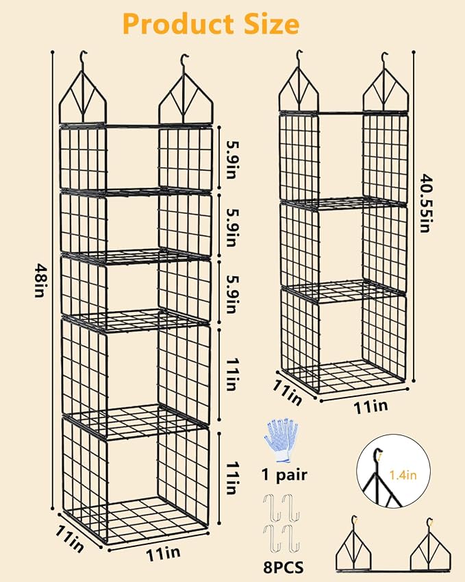 2 Pack Hanging Closet Organizer and Storage, 5 Tier & 3 Tier Metal Wire Closet Shelves with 8 S Hooks, Hanging Storage Shelf for Clothes Shoes Sweaters Handbags Laundry