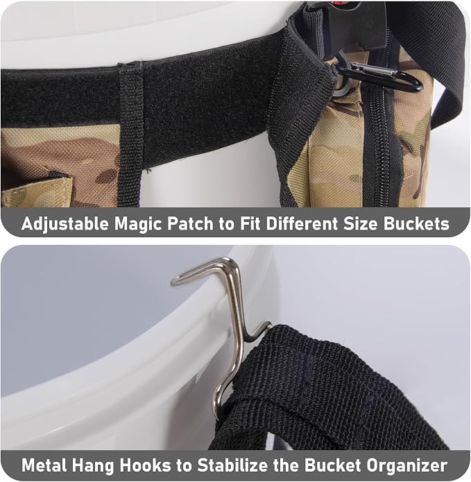 Dr.Fish 5 Gallon Bucket Tool Organizer - Adjustable Gear Bag with 6 Pockets and 2 Rod Holders for Ice Fishing Tackle Storage