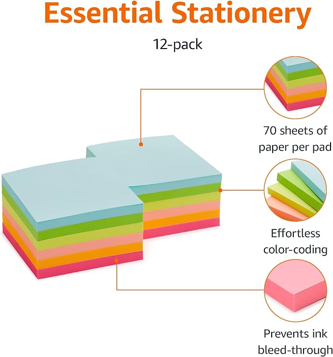 Amazon Basics Square Sticky Notes for Home, Office, School Supplies, Clean Removal, 3x3 Inches, Assorted Bright Colors, Self-Stick Pads, 70 Sheets/Pad, 12-Pack