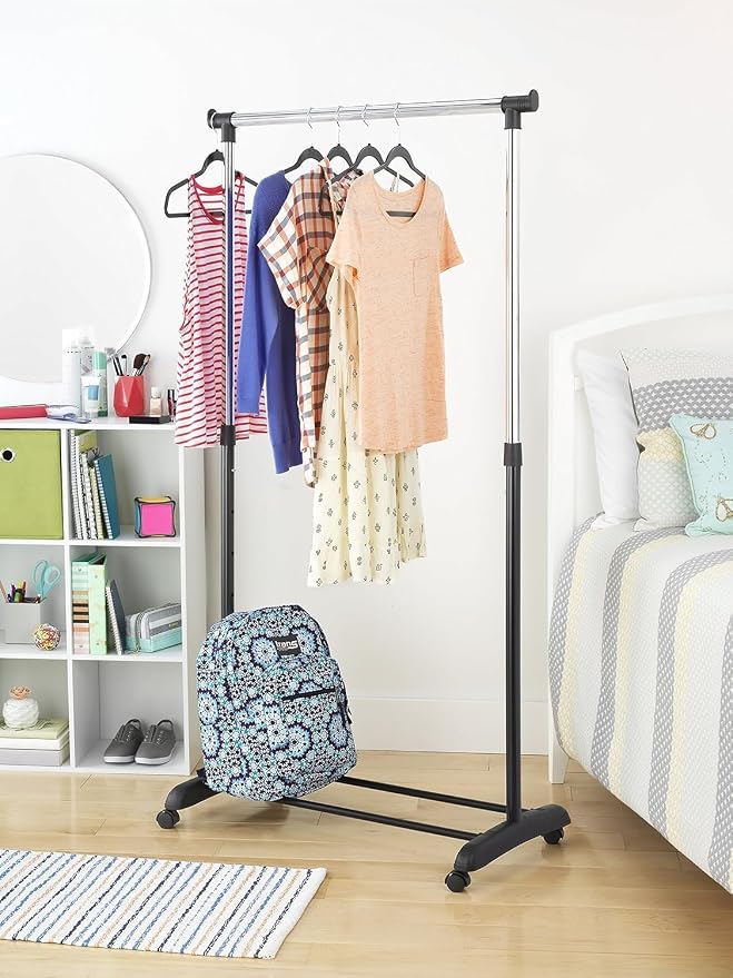 Whitmor Adjustable Garment Rack with Wheels, Rolling Clothes Rack for Hanging Clothes, Heavy Duty Single Rail Clothing Rack, Portable Hanging Rack for Bedroom, Laundry Room, Black & Silver