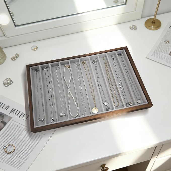 Large Jewelry Trays for Drawers Stackable Velvet Jewelry Display for Vendors Jewelry Drawer Organizer Inserts for Rings Necklace Bracelets Earrings and Studs Earrings (Gray, 10 Grid)