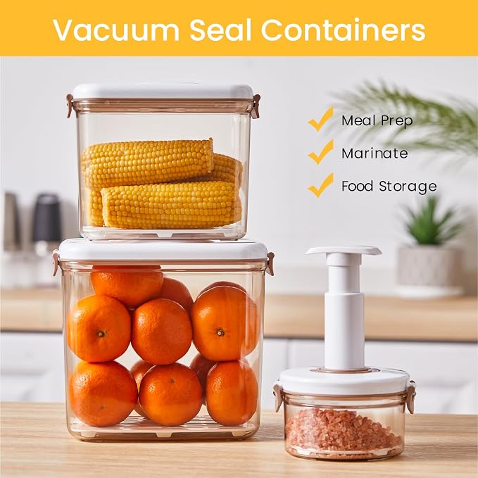 3-Pcs Large Food Saver Containers for Vacuum Seal,Keep Fresh | Pump&Strainer,Leakproof,BPA-Free,Easy to clean,Space-Saving,Kitchen&Outdoors,Marinating, Meal Prep