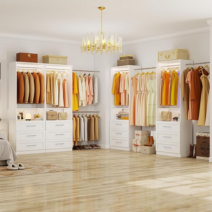 Closet System with 3 Drawers, 2-5FT Custom Closet Organizer System Shelving with 2 Hanging Rods & Shelf, Small Walk-in Closet System Freestanding, Modular Closet Organizer Storage System, White
