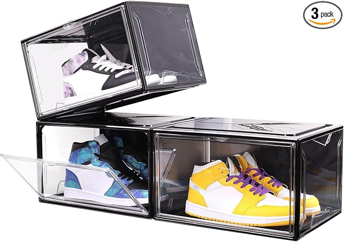 KDOR Clear Shoe Boxes Stackable, 3 Pack Shoe Storage Box with Lids Magnetic Door, Clear Sneaker Storage Acrylic Boxes for Display, Fit Shoe Size Up to US 15（Side 3 PACK BLACK）