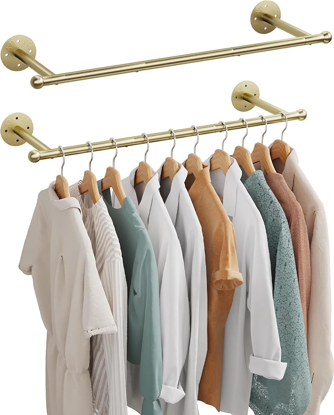 OROPY 33" Industrial Pipe Clothing Rack, Wall Mounted Clothes Rack 2 Pack | Gold, Closet Rods for Hanging Clothes, Multi-purpose Hanging Rod for Laundry Room, Bedroom and Closet Storage