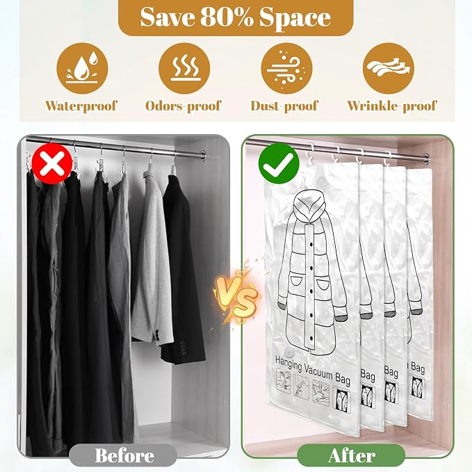 Ptwola 8 Pack Hanging Vacuum Sealer Storage Bags Reusable Space Saver Compressed Bags Closet Organizer Moving Travel Supplies for Clothes Coats Suits Dress Jackets Bedding Comforters Blankets