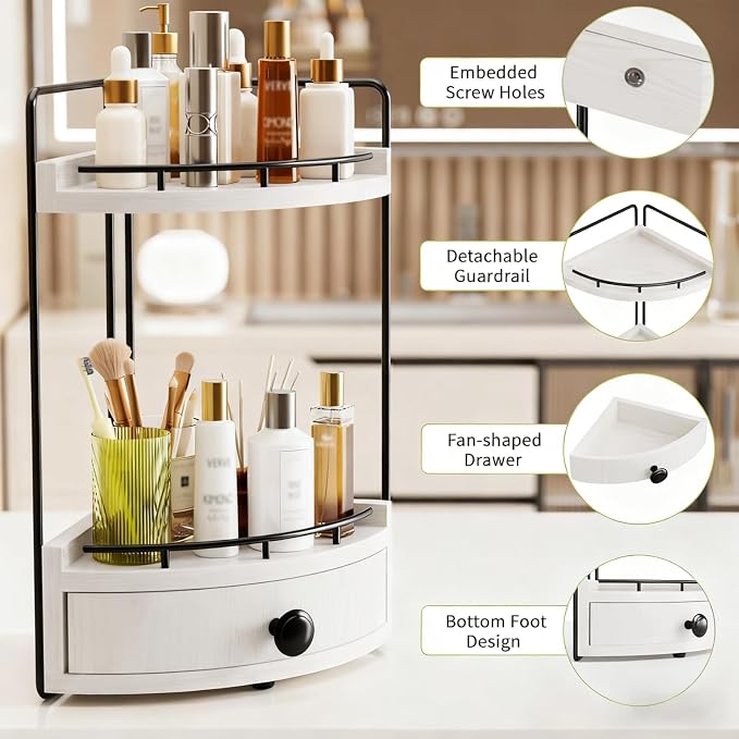 2-Tier Corner Bathroom Counter Organizer with Drawer, White | Embedded Screw Holes, Wooden Countertop Organizers, Space-Saving, Bottom Ventilation Design, Counter Shelf for Vanity