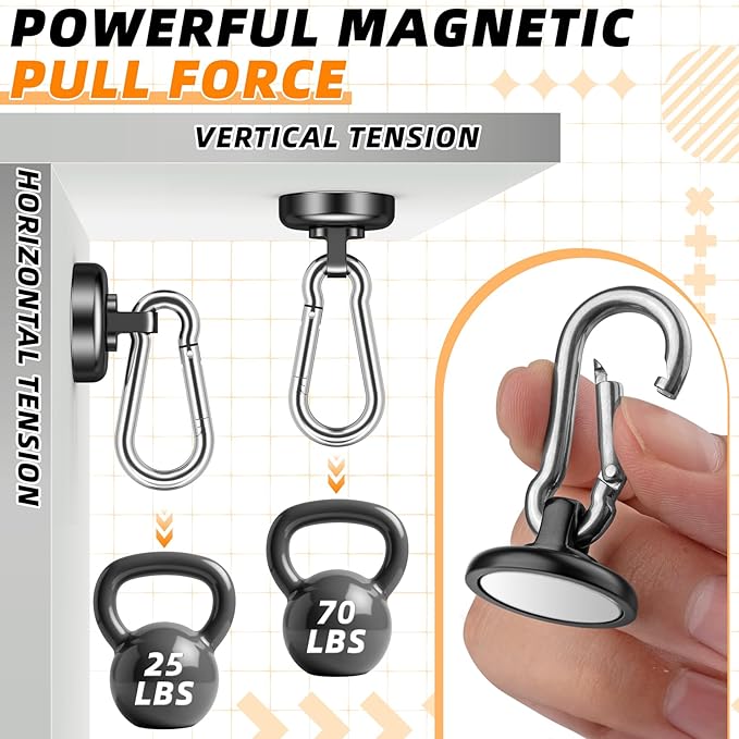 FINDMAG 10Pack Magnetic Hooks with Swivel Carabiner, 70LBS Neodymium Magnet Hooks Heavy Duty, Strong Magnetic Hooks for Hanging Magnet with Hook for Kitchen, School, Warehouse, Home