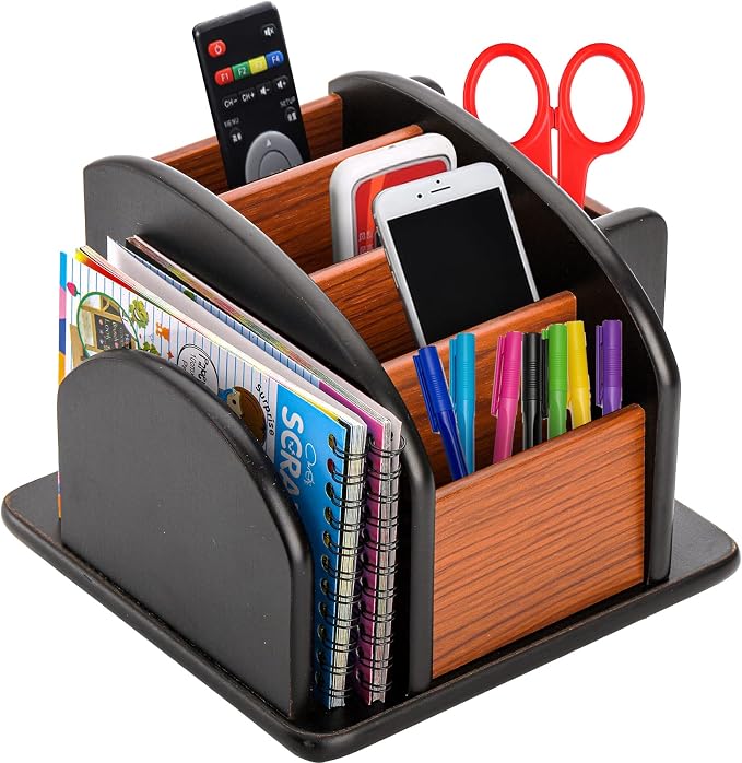 DEAYOU Wood Rotating Remote Caddy, Spinning Remote Control Holder for Table, 6-Compartment Wooden Revolving Office Supplies Desktop Storage Organizer for Pen, Pencil, Mail, Desk, Home, Living Room