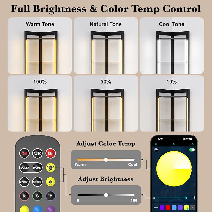 5-Tier Corner Shelf with RGB LED Light, 65" Tall Display Cabinet | Remote & APP Control, Adjustable Brightness/Color Temp, Floor Lamp with Shelves for Living Room Bedroom