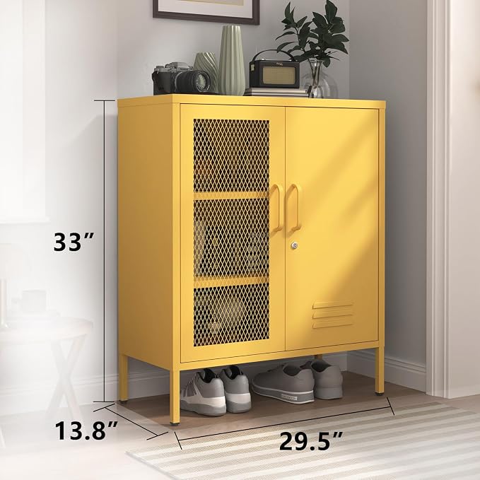 Yellow Lockable Metal Storage Cabinet, Multi-Functional Locker with Adjustable Shelf,Metal Double Door Sideboard for Kitchen Home Office Size：33" H X 29.5" W X 13.8" D