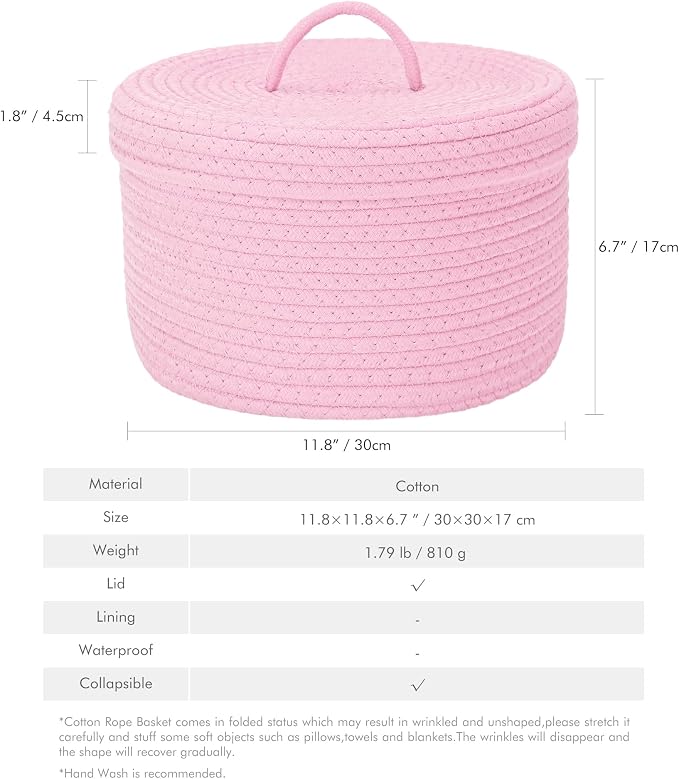 Sea Team Round Cotton Rope Storage Basket with Lid, Lidded Woven Storage Bin, Nursery Storage Container, Diaper Caddy, Baby Shower Basket, Box, Organizer, 11.8 x 11.8 x 6.7 Inches (Medium, Pink)