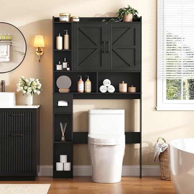Vabches Over The Toilet Storage Cabinet with 2 Barn Doors, Black | Farmhouse Storage Cabinet with Toilet Paper Holder Stand，Home Space-Saving Toilet Rack, for Bathroom, Restroom, Laundry