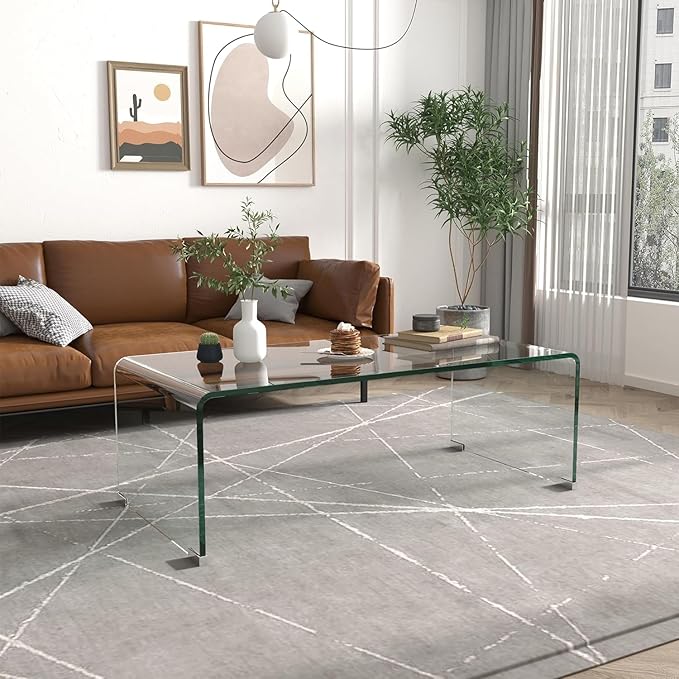 Meihua Tempered Glass Coffee Table for Living Room, Clear Center Table with 0.47 inch Tempered Glass, Transparent Modern Coffee Table