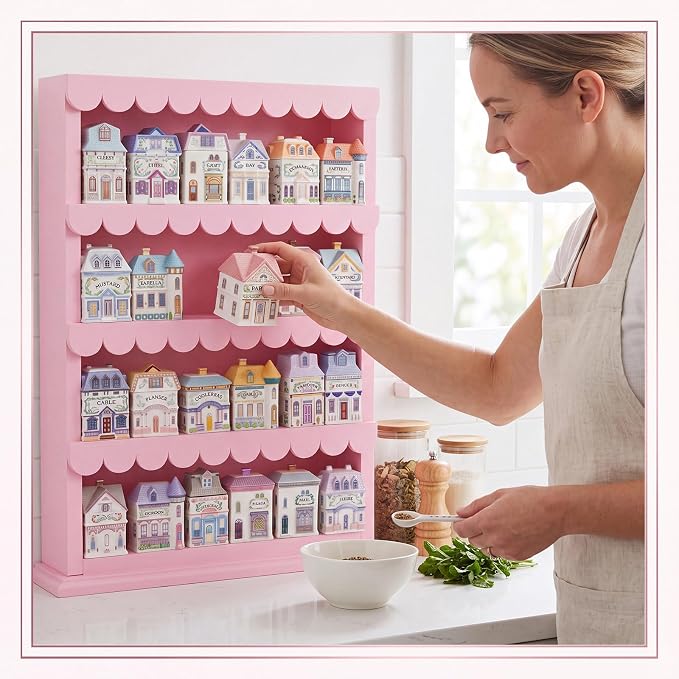 Chunful Vintage Spice Jar Wooden Rack Pink Scalloped Edge Spice Shelf for 24 Jars, Village Style Wall Mounting Kitchen Storage Decorative Hanging Display Rack, Shelf Only(18.7 x 15.75 Inches)