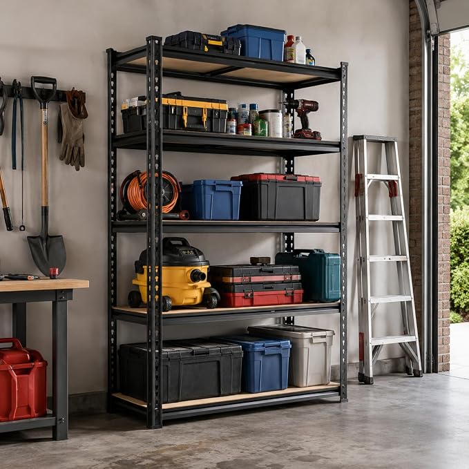 60" H Heavy Duty Storage Shelves, 2400LBS Capacity Metal Shelving Unit, Adjustable Garage Shelves & Organizer with Overlap Design for Home Garage Warehouse Storage Shop,Black