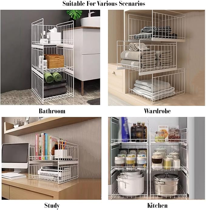 2-4 Tier Expandable Cabinet Pull Out Basket,Carbon Steel Stackable Shelf Baskets Organizer,Stackable Storage Bins,for Office Bathroom Bedroom,White-2 Tier