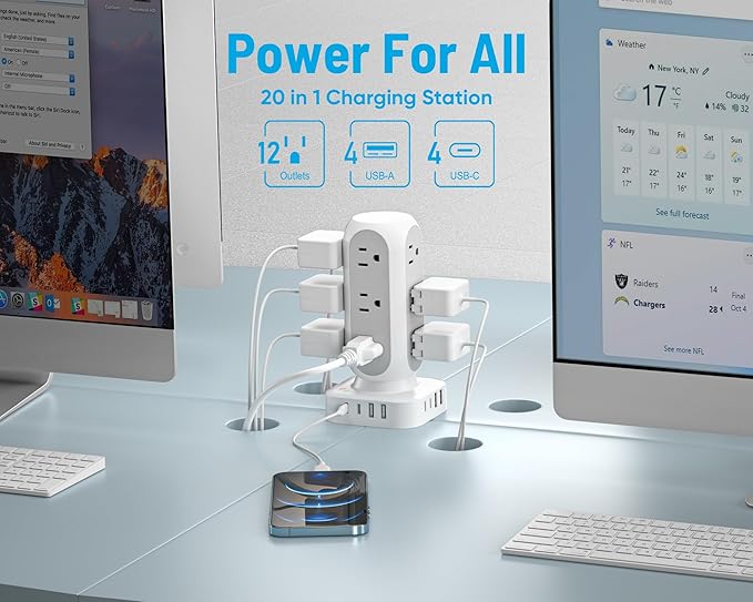 2 Prong Tower Power Strip, 2 to 3 Prong Outlet Adapter with 12 AC Outlets, 8 USB Ports, 10 FT Long Extension Cord for Non-Grounded Outlet, Home, Office, Dorm Room Use