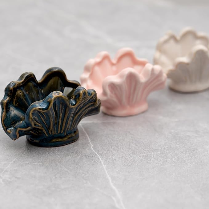 Ceramic Shell Business Card Holder Set of 3 - Pink, White, Blue - Boho Vertical Desk Organizer and Business Card Display for Office,Wedding,Home Decor- Cute Desk Accessories and Unique Gift