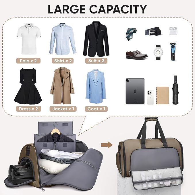 BALEINE Travel Garment Bag, Travel Suit Bag for Men, Water Resistant Carry on Garment Bag for Hanging Clothes, Garment Duffel Bag for Travel Business (Brown-Convertible)