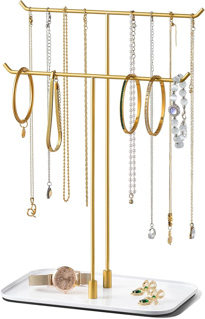 Necklace Holder Stand,Metal Jewelry Organizer for Home Decor,White and Gold | Modern Design,Easy Assembly,Non-Slip EVA Pads,Gift for Woman,Necklace Display for Bedroom,Vanity and Dresser