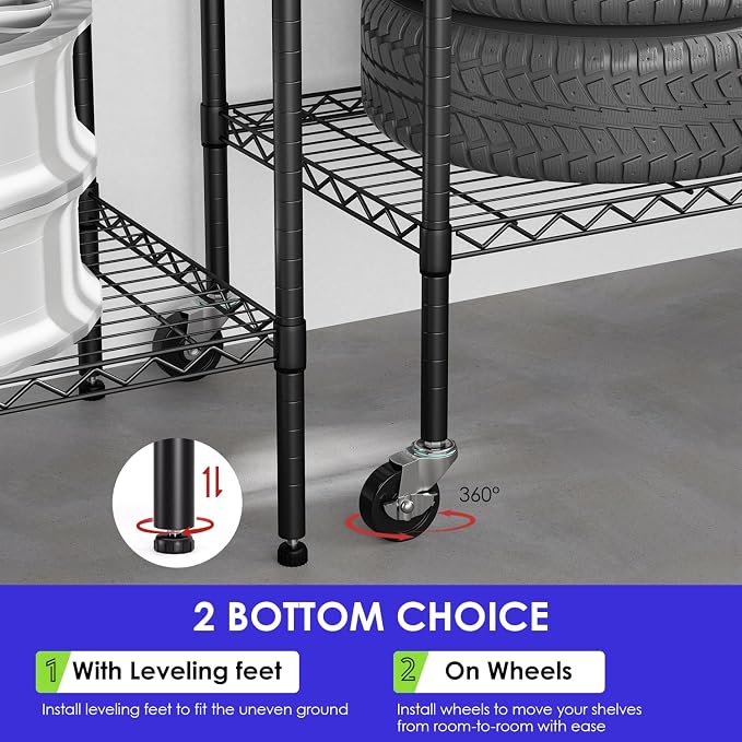 FDW | 6-Tier Wire Storage Shelves with Wheels | 45"x18"x82" | Black | Adjustable Racks | Heavy-Duty Metal Shelf, Holds Upto 2100 lbs | Tool-Free Assembly, Rust-Resistant | for Home & Garage Shelving